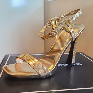 Karl Lagerfeld Cybil Gold Ankle Strap Heel Sandals Dress Shoes - Sz 7.5M/38B